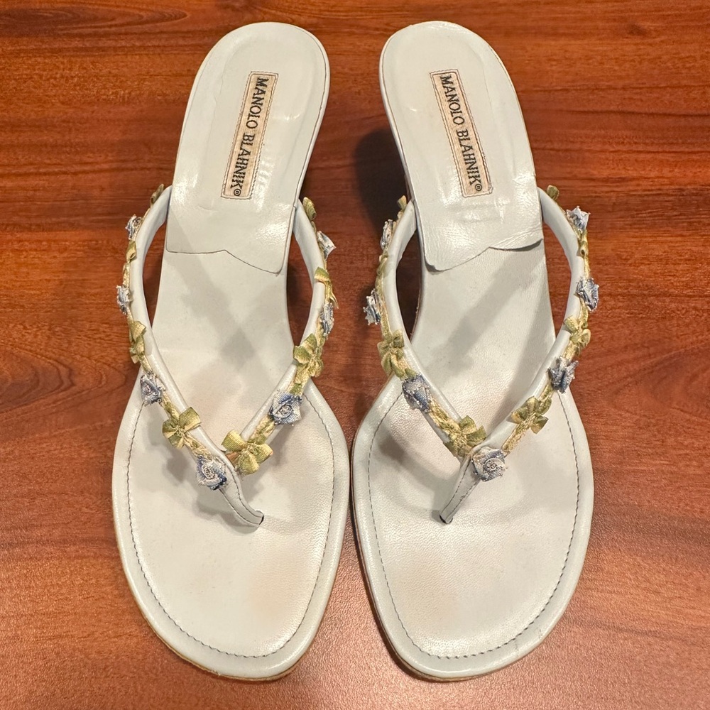 Manolo Blahnik Floral Embellished Kitten Heel Sandals